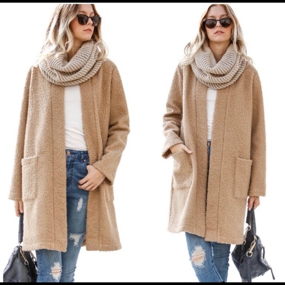 My Story Open Front Collarless Long Tan Coat - Picture 2 of 8